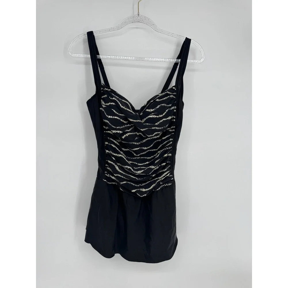 Black Gold Sz 14 Ruched Swim Dress One Piece Adjustable Straps Skirted Swimsuit